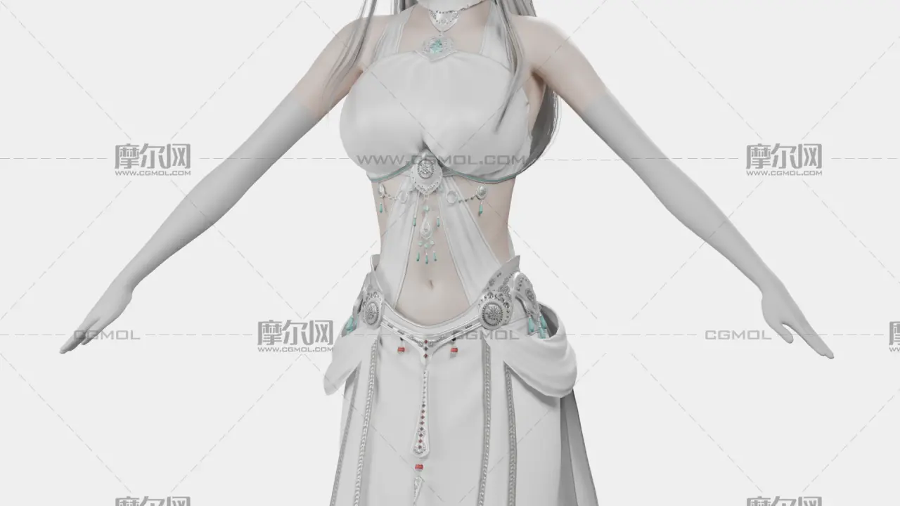 银白长发遮眼白裙幻想女性角色,带骨骼绑定