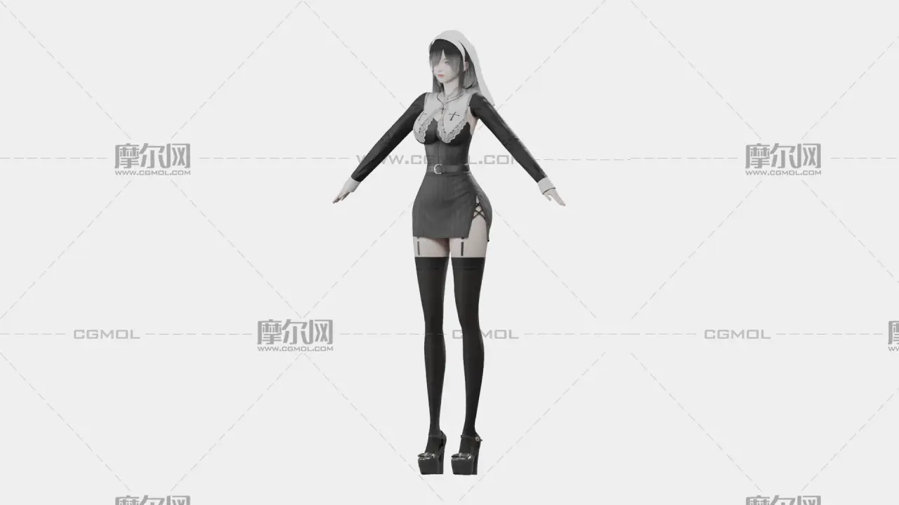 黑发黑白哥特女性角色,带骨骼绑定