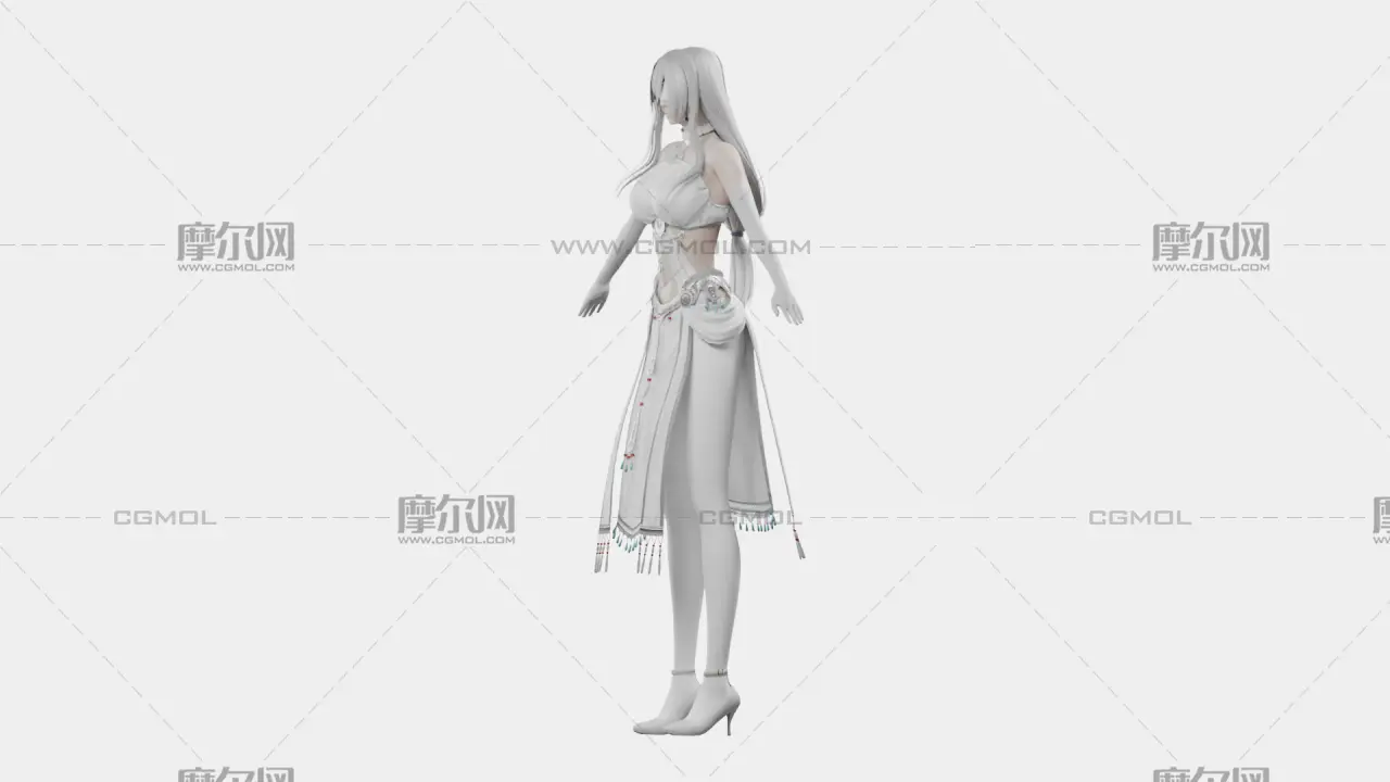 银白长发遮眼白裙幻想女性角色,带骨骼绑定