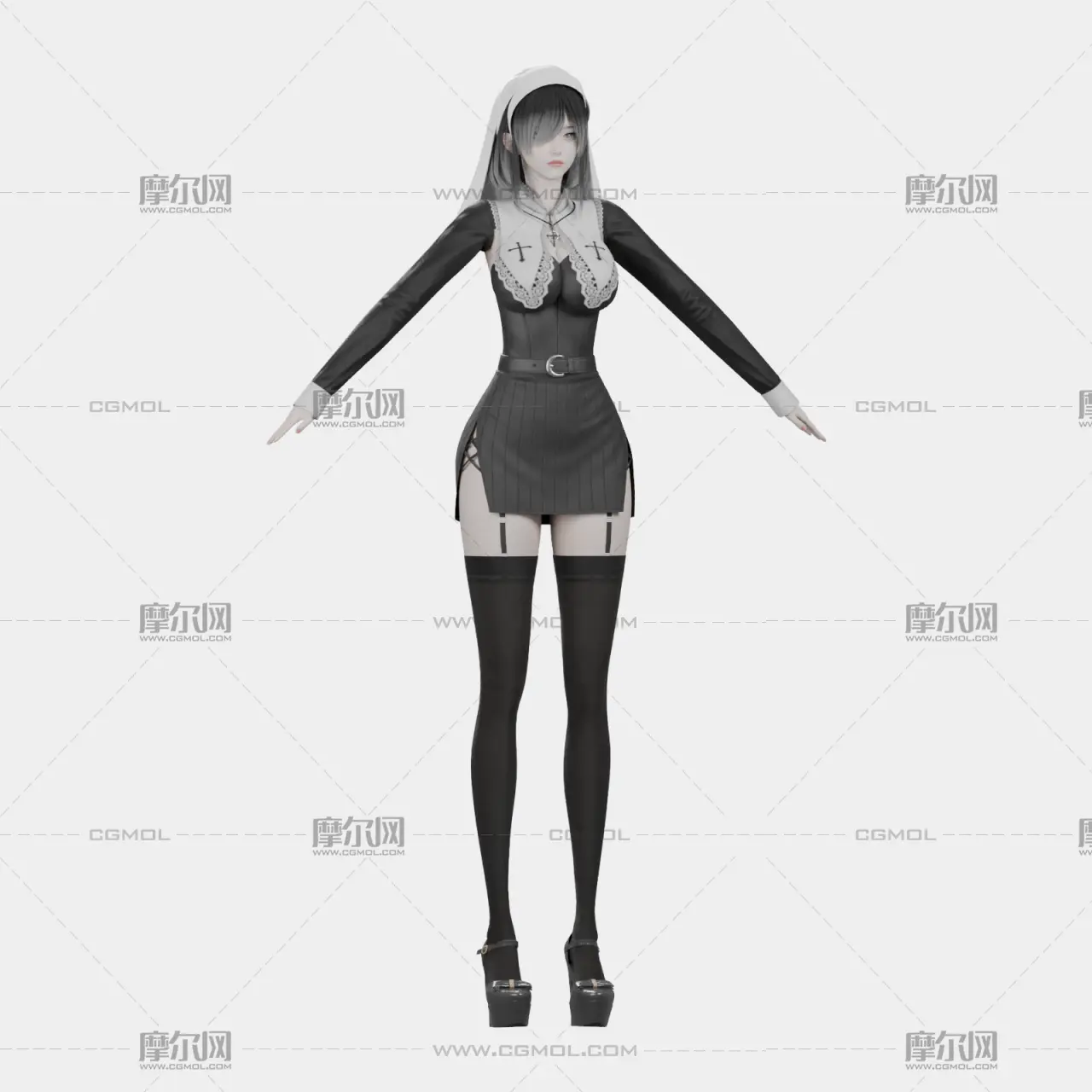 黑发黑白哥特女性角色,带骨骼绑定