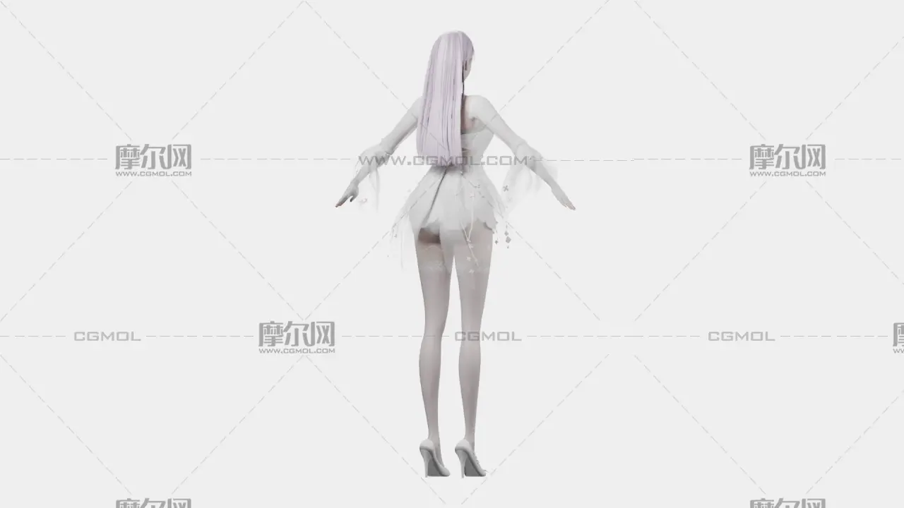 浅紫长发花饰白裙女孩,带骨骼绑定