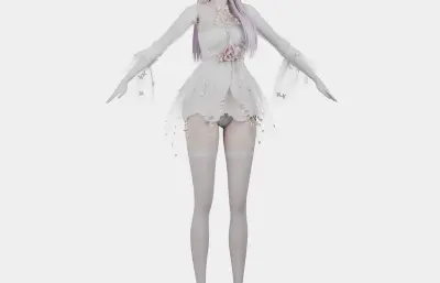 浅紫长发花饰白裙女孩,带骨骼绑定