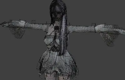 浅紫长发花饰白裙女孩,带骨骼绑定
