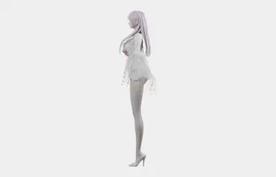 浅紫长发花饰白裙女孩,带骨骼绑定