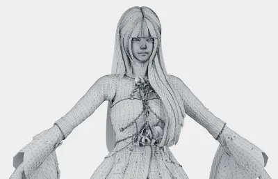 浅紫长发花饰白裙女孩,带骨骼绑定