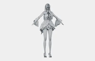 浅紫长发花饰白裙女孩,带骨骼绑定