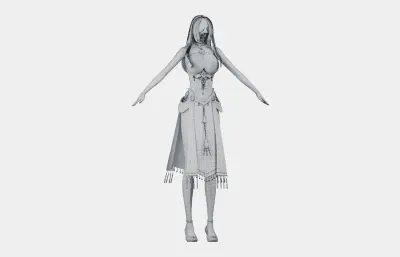 银白长发遮眼白裙幻想女性角色,带骨骼绑定