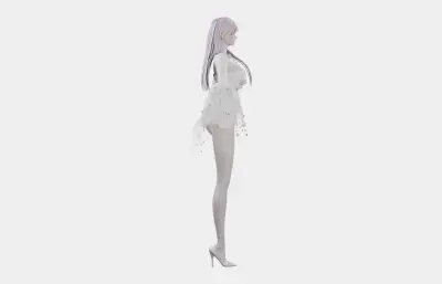 浅紫长发花饰白裙女孩,带骨骼绑定