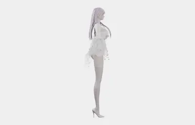 浅紫长发花饰白裙女孩,带骨骼绑定