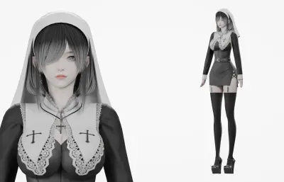 黑发黑白哥特女性角色,带骨骼绑定