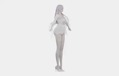 浅紫长发花饰白裙女孩,带骨骼绑定