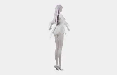 浅紫长发花饰白裙女孩,带骨骼绑定