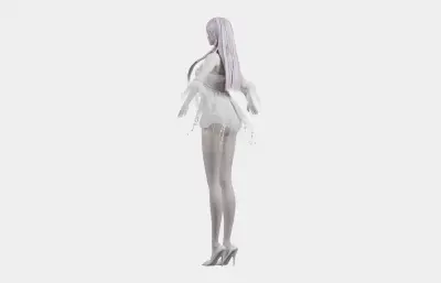 浅紫长发花饰白裙女孩,带骨骼绑定