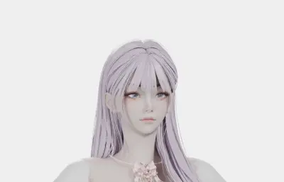 浅紫长发花饰白裙女孩,带骨骼绑定