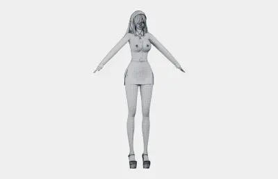 黑发黑白哥特女性角色,带骨骼绑定