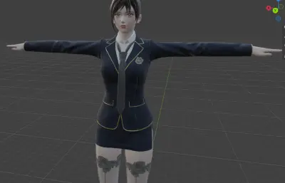 黑发藏蓝制服女性角色,带骨骼绑定