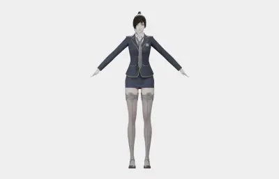 黑发藏蓝制服女性角色,带骨骼绑定
