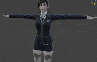 黑发藏蓝制服女性角色,带骨骼绑定