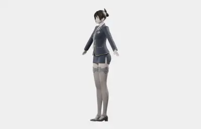 黑发藏蓝制服女性角色,带骨骼绑定