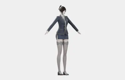 黑发藏蓝制服女性角色,带骨骼绑定