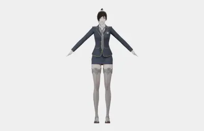 黑发藏蓝制服女性角色,带骨骼绑定
