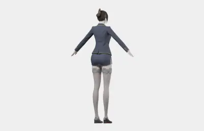 黑发藏蓝制服女性角色,带骨骼绑定