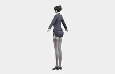 黑发藏蓝制服女性角色,带骨骼绑定