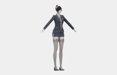 黑发藏蓝制服女性角色,带骨骼绑定