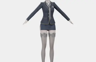 黑发藏蓝制服女性角色,带骨骼绑定