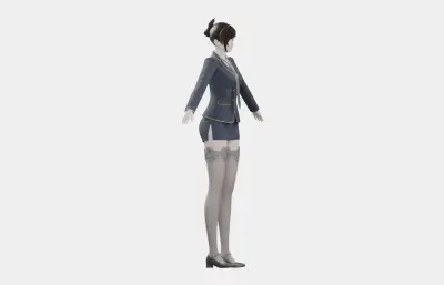 黑发藏蓝制服女性角色,带骨骼绑定