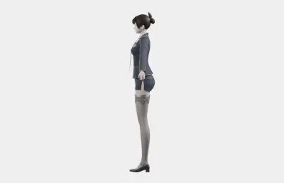黑发藏蓝制服女性角色,带骨骼绑定