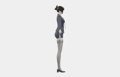 黑发藏蓝制服女性角色,带骨骼绑定