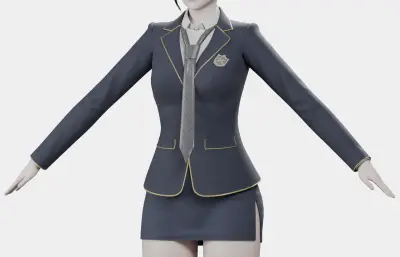 黑发藏蓝制服女性角色,带骨骼绑定