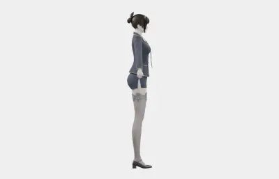 黑发藏蓝制服女性角色,带骨骼绑定