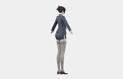 黑发藏蓝制服女性角色,带骨骼绑定