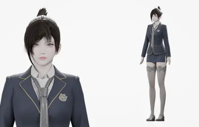 黑发藏蓝制服女性角色,带骨骼绑定