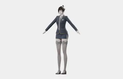 黑发藏蓝制服女性角色,带骨骼绑定