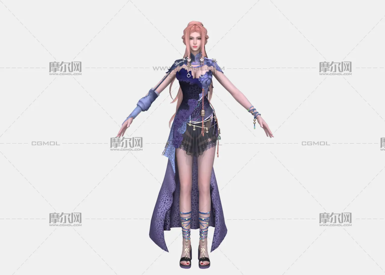 古风异域美女女侠 粉发古装紫纱礼服 国风御姐