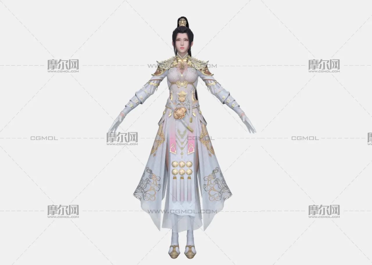 古风女侠 高马尾金冠 白纱鎏金战甲