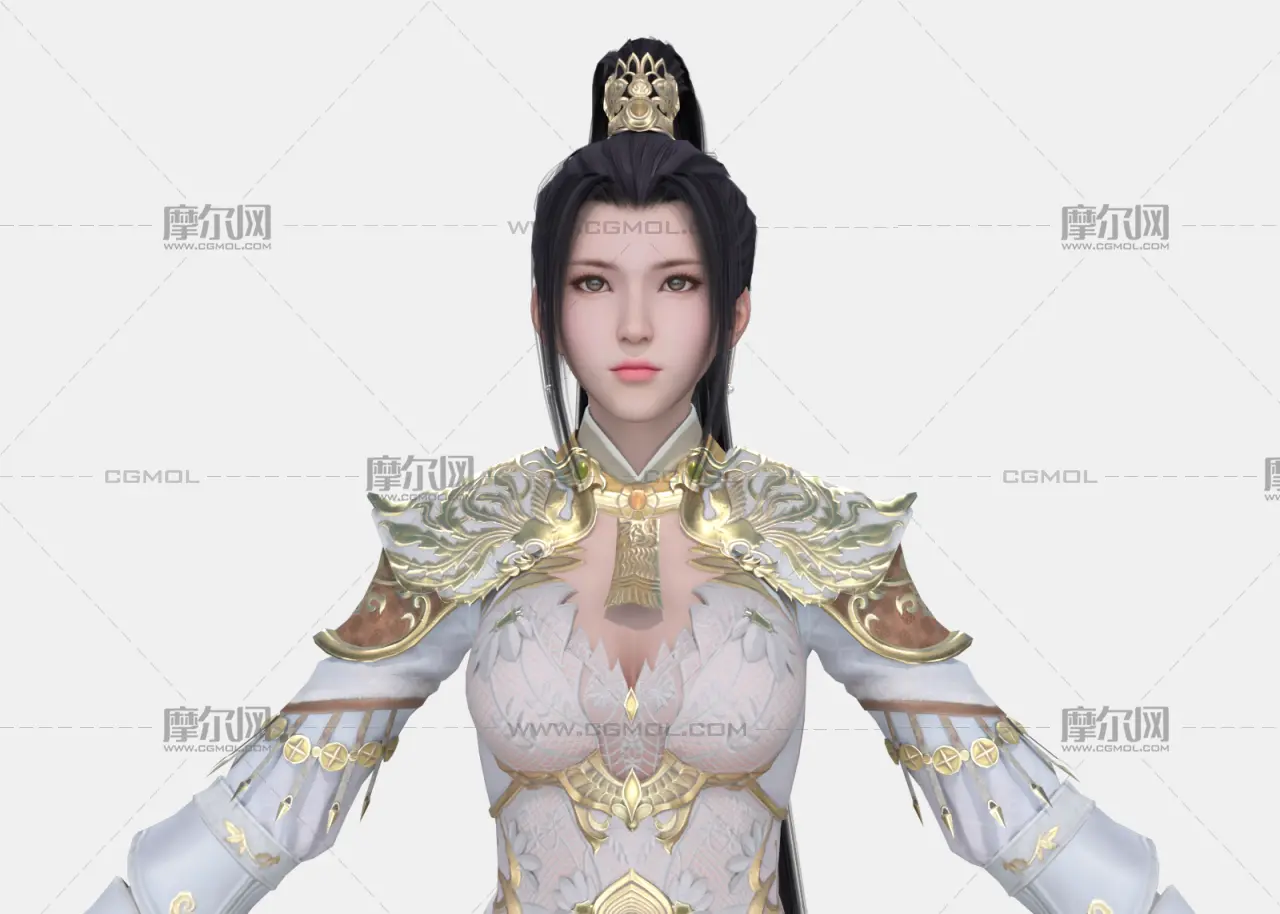 古风女侠 高马尾金冠 白纱鎏金战甲