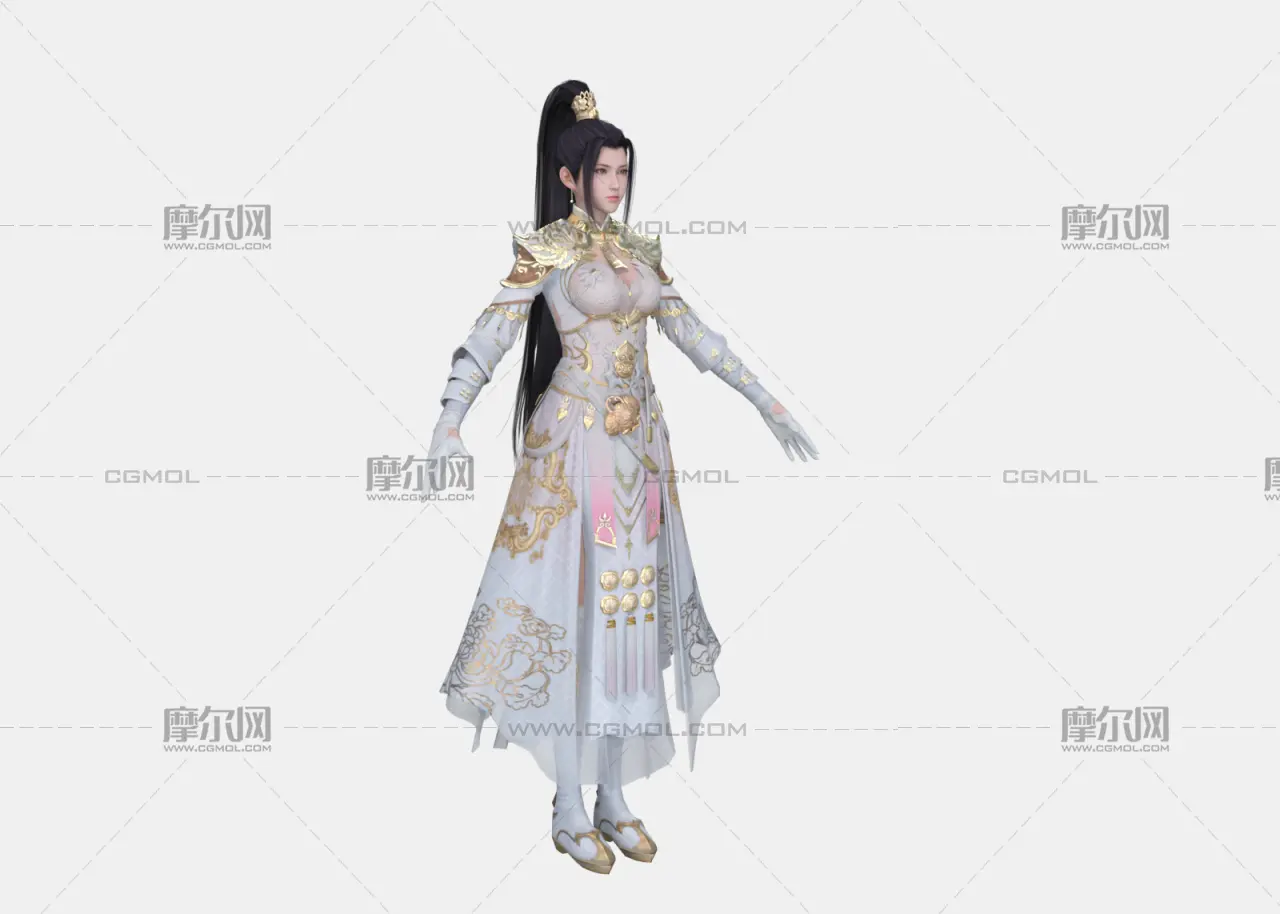 古风女侠 高马尾金冠 白纱鎏金战甲