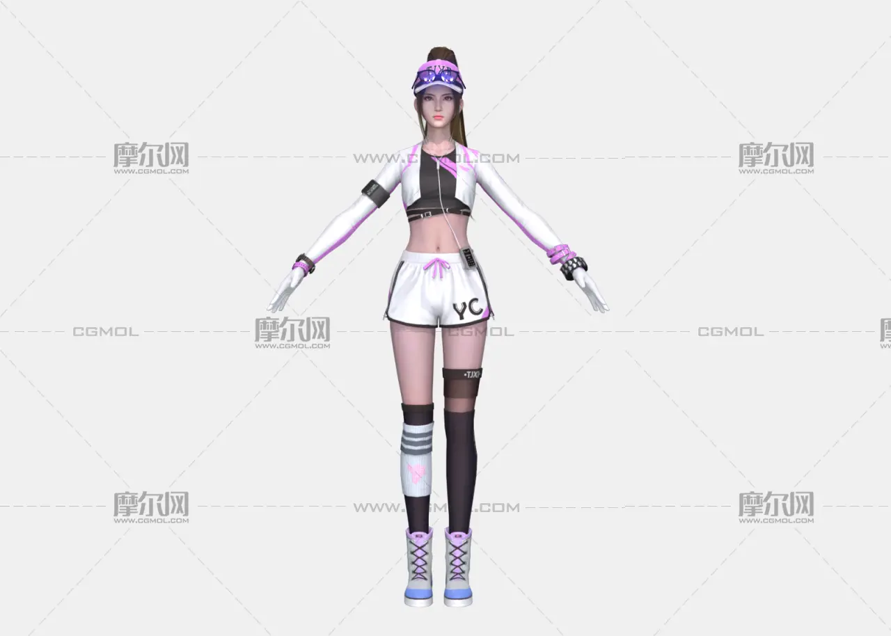 现代运动少女 高马尾潮酷休闲装 白紫撞色运动装女孩