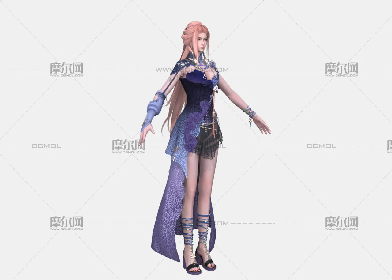 古风异域美女女侠 粉发古装紫纱礼服 国风御姐