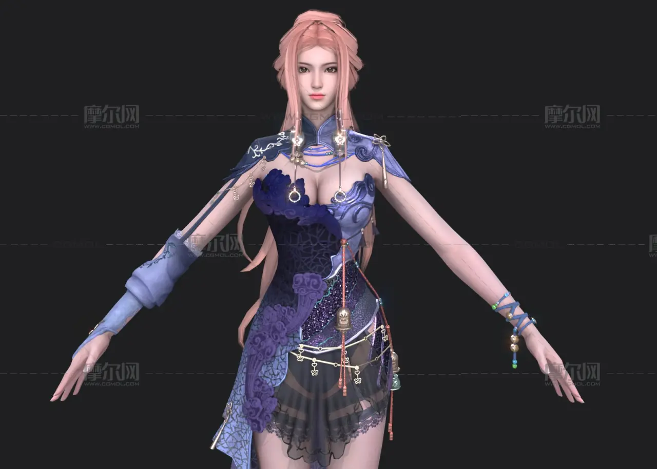 古风异域美女女侠 粉发古装紫纱礼服 国风御姐