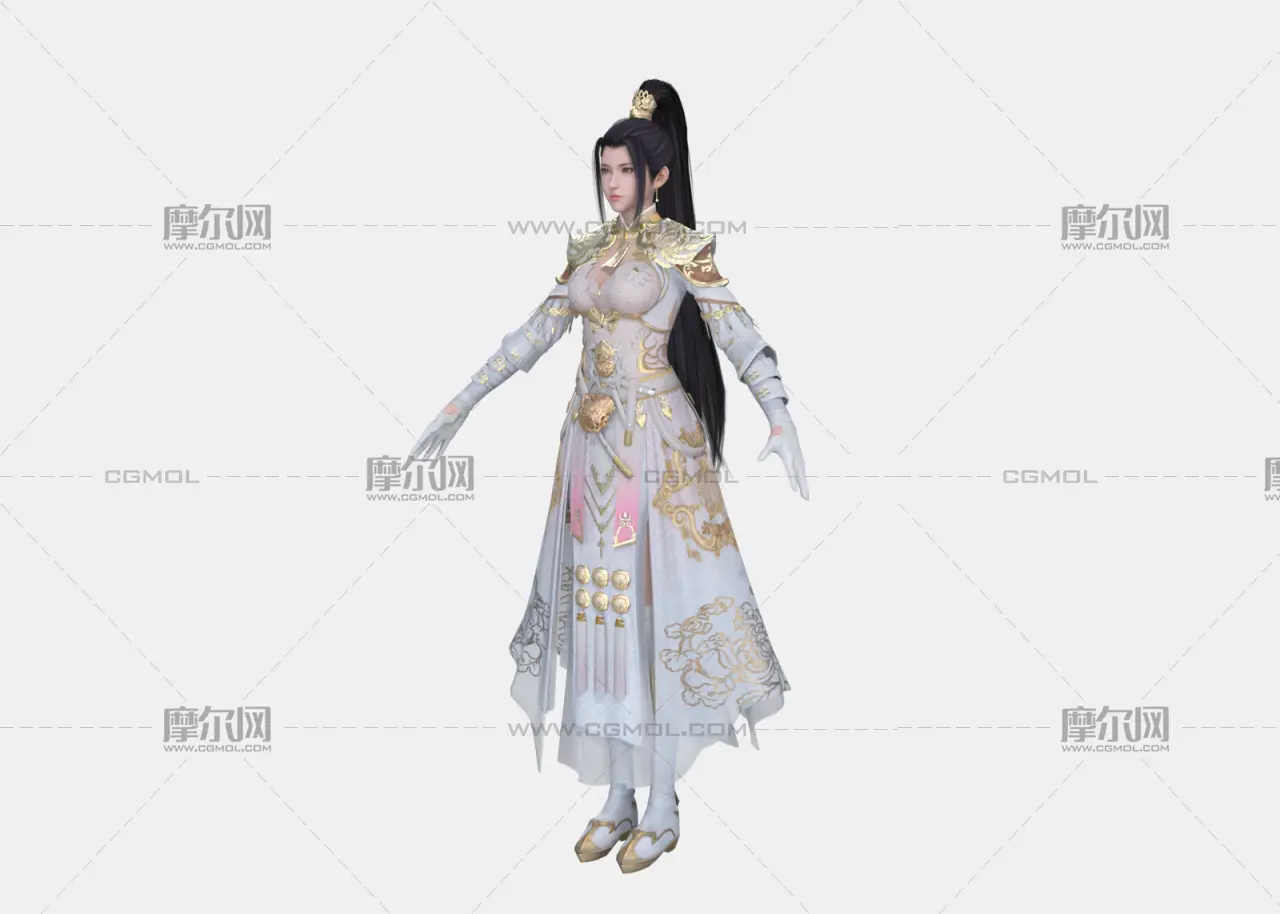 古风女侠 高马尾金冠 白纱鎏金战甲