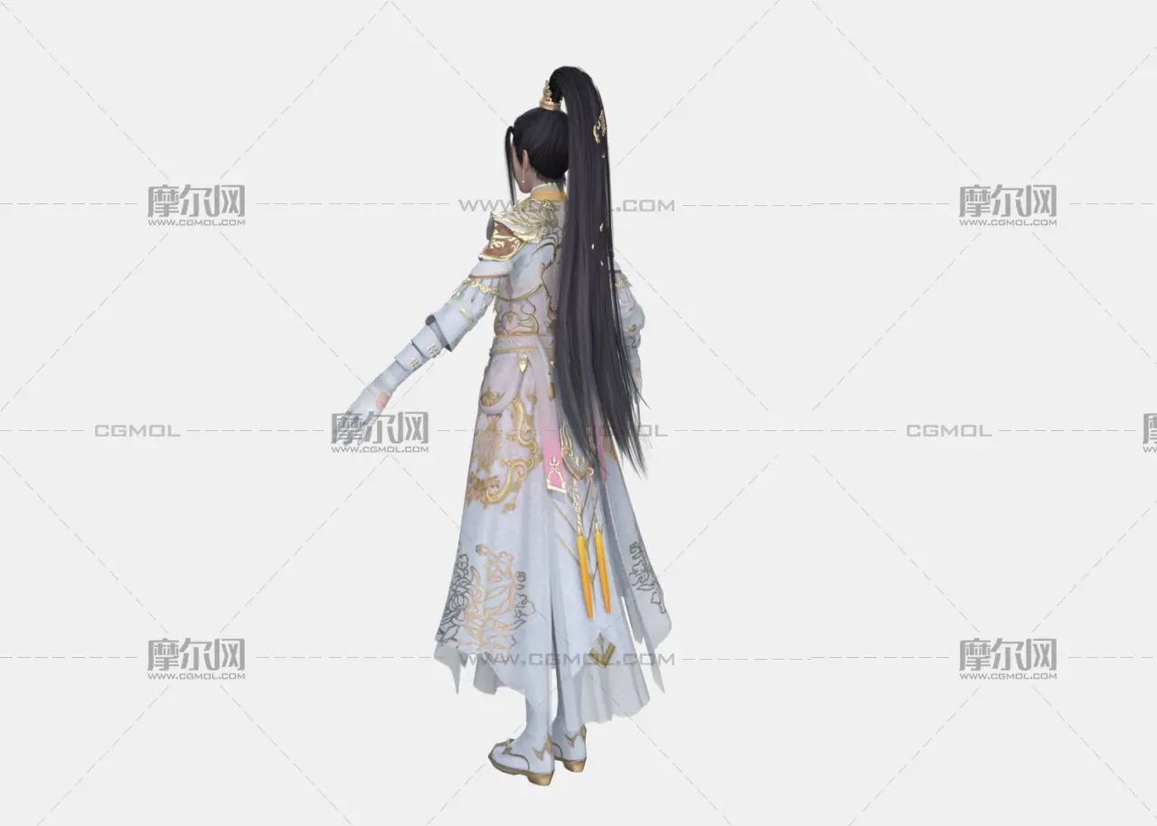 古风女侠 高马尾金冠 白纱鎏金战甲