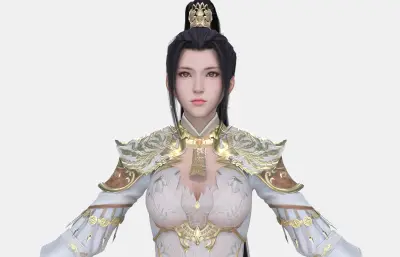 古风女侠 高马尾金冠 白纱鎏金战甲
