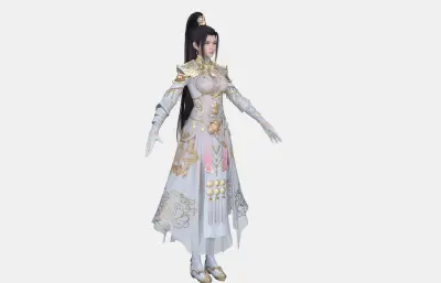 古风女侠 高马尾金冠 白纱鎏金战甲