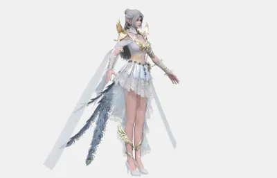 银发仙侠女神 孔雀尾羽配饰 金色羽翼肩甲 薄纱蕾丝长裙