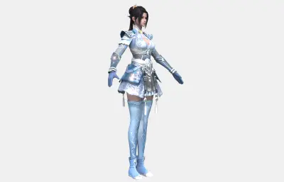 古装美女,古风女将,浅蓝银纹短裙铠甲